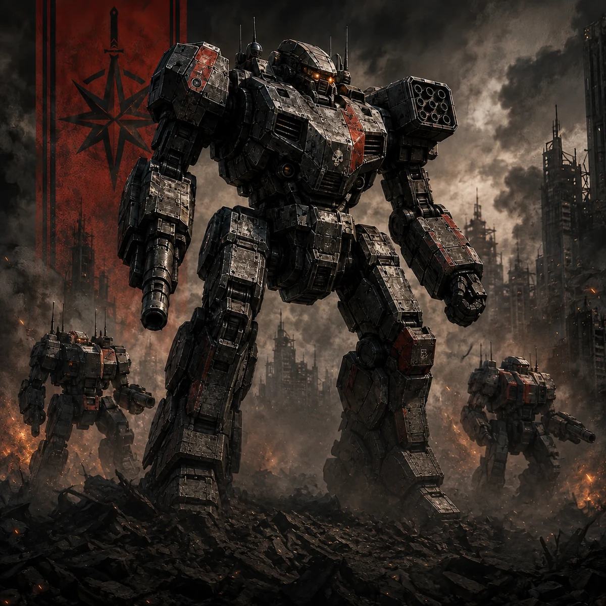 BattleMechs advancing through a ruined industrial battlefield