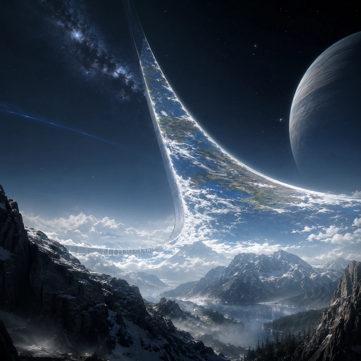 A vast ringworld curves above a mountainous landscape beneath a star-filled sky.